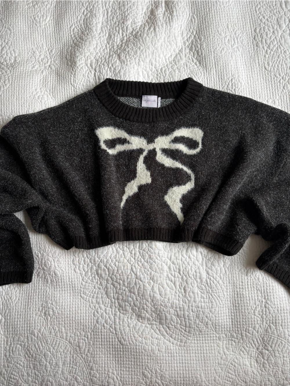 Urban Outfitters Out From Under Knit Black Sweater with Cream Bow Graphic